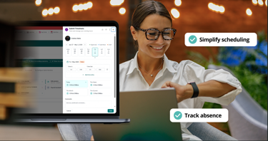 Image showing PeopleHR Time and attendance  software UI next to woman looking at her watch