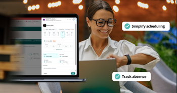 Image showing PeopleHR Time and attendance  software UI next to woman looking at her watch