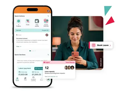 Employee using PeopleHR mobile timesheet app to book leave, view payslips and manage team leave requests on smartphone