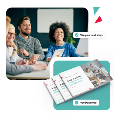 “Team planning HR improvements with a downloadable guide titled ‘8 signs you’ve outgrown your HR software’ and options to plan next steps.”