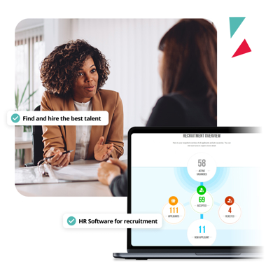 HR manager conducting a job interview alongside a laptop showing a recruitment overview dashboard with applicant tracking