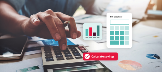Close-up of hands typing on a laptop with charts overlay, promoting HR software ROI calculator to estimate cost and time savings.