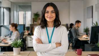 Office manager standing in a workplace with team members collaborating in the background