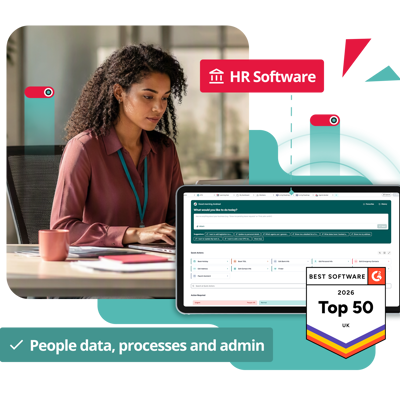 Woman at a desk using PeopleHR HR software on a laptop, with a G2 Best Software 2026 Top 50 UK badge