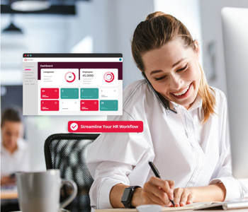 Image showing woman on the phone and an infographic around streamlining you HR workflow