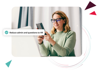 Employee using a smartphone and laptop to access HR information, highlighting how self‑service tools reduce admin and routine questions to HR.