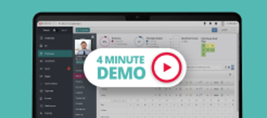 Promotional graphic for a 4-minute demo showcasing software and app features with a computer screen and demo button.